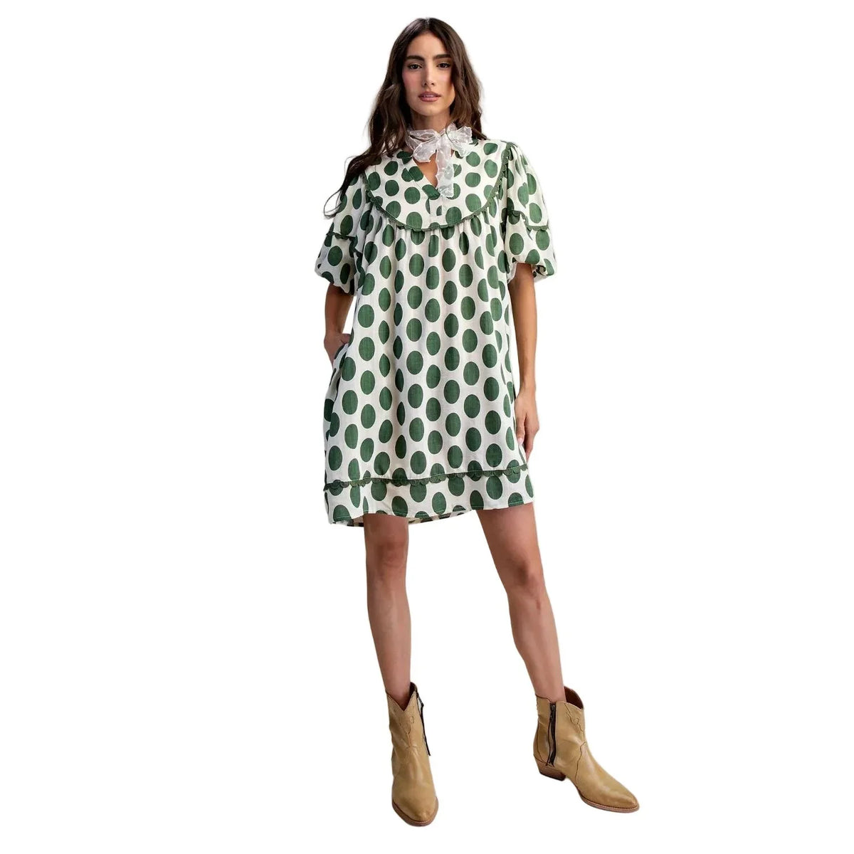 Women's Easel Sage Green Polka Dot Linen Mini Dress ED29634