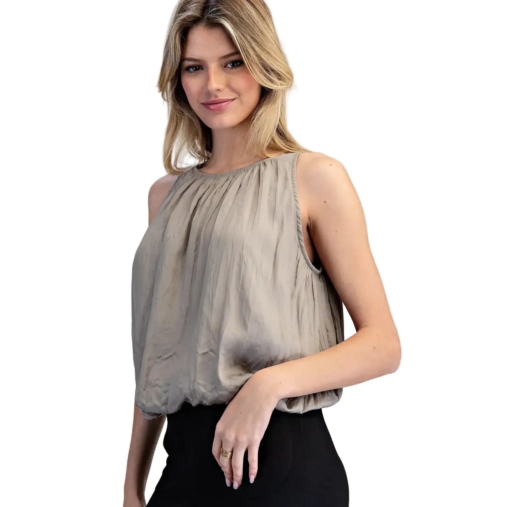 Women's ee:some Dry Herb Solid Sleeveless Gathered Blouse TK14640