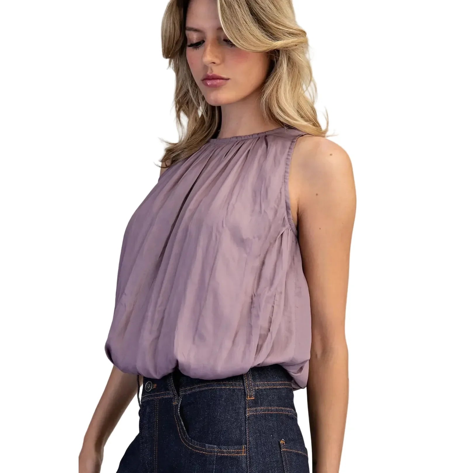 Women's ee:some Dry Herb Solid Sleeveless Gathered Blouse TK14640
