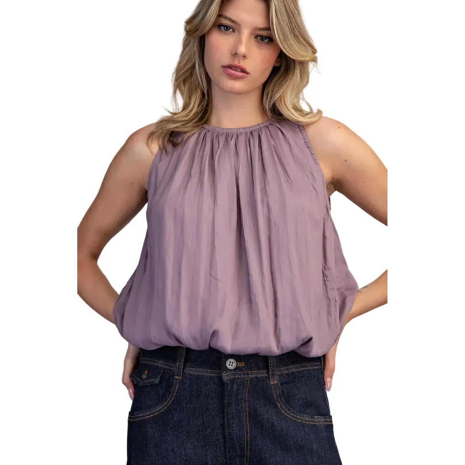 Women's ee:some Dry Herb Solid Sleeveless Gathered Blouse TK14640