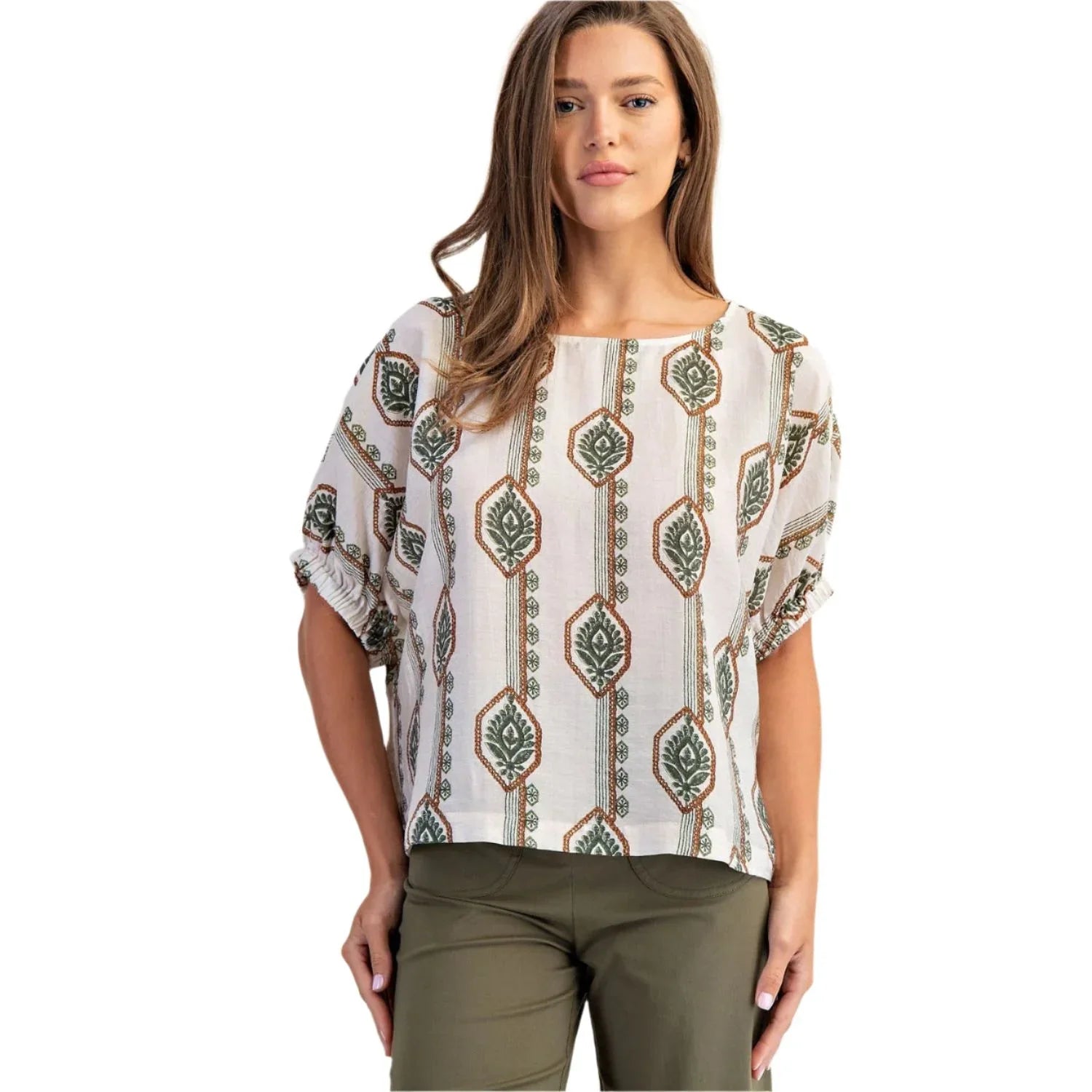 Women's ee:some Geometric Floral Printed Elastic Cuff Blouse TK14564