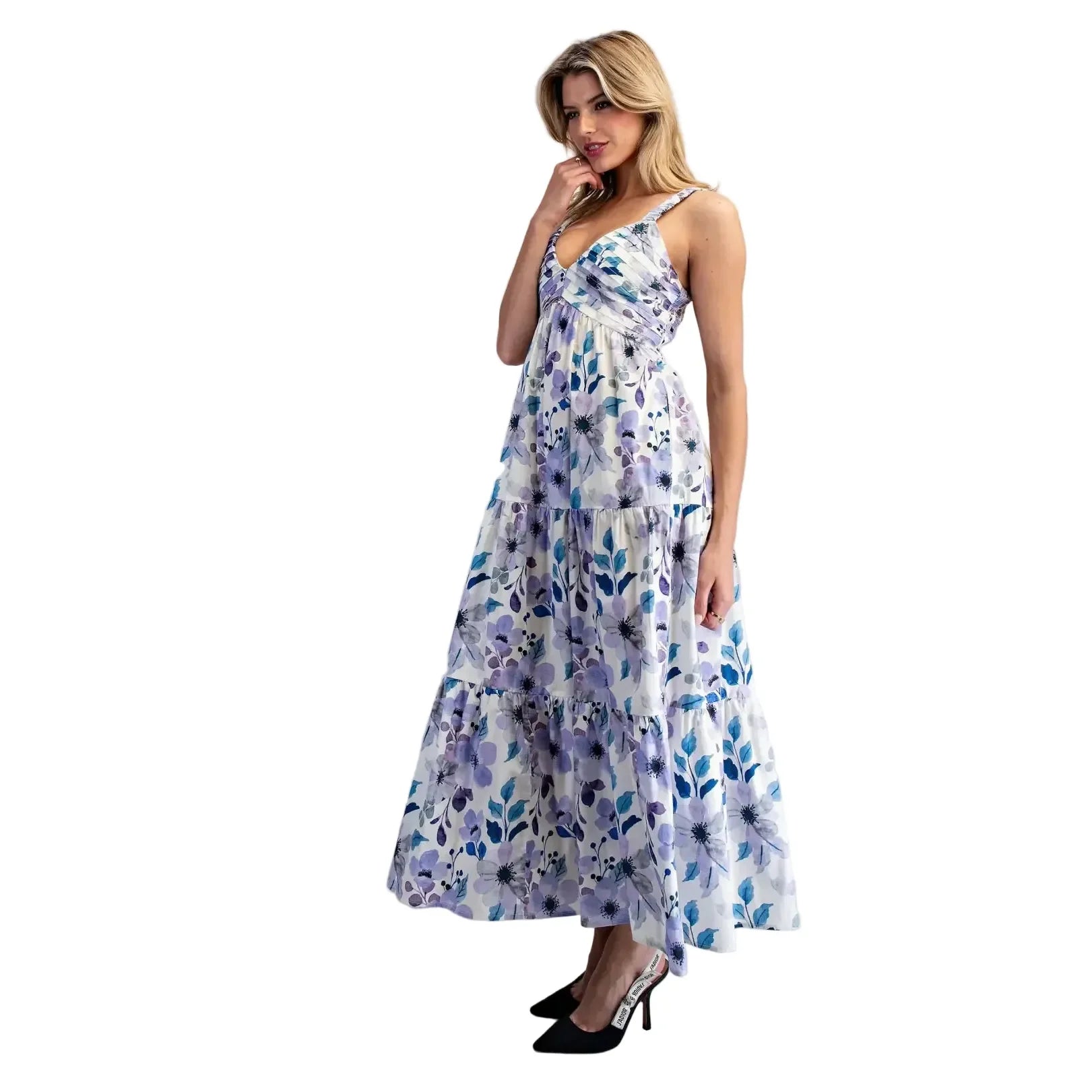 Women's Ee:some Lilac Blue Floral Print Pleated Maxi Dress DK14864