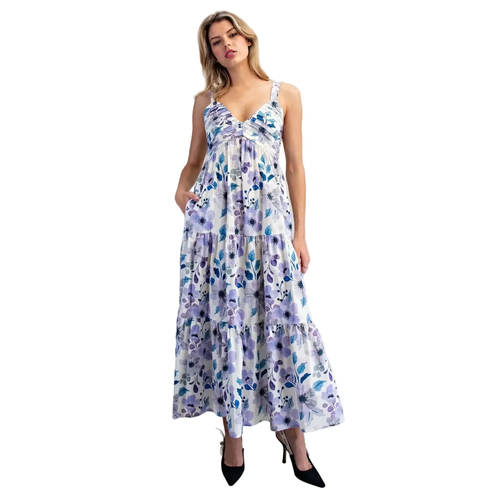 Women's Ee:some Lilac Blue Floral Print Pleated Maxi Dress DK14864