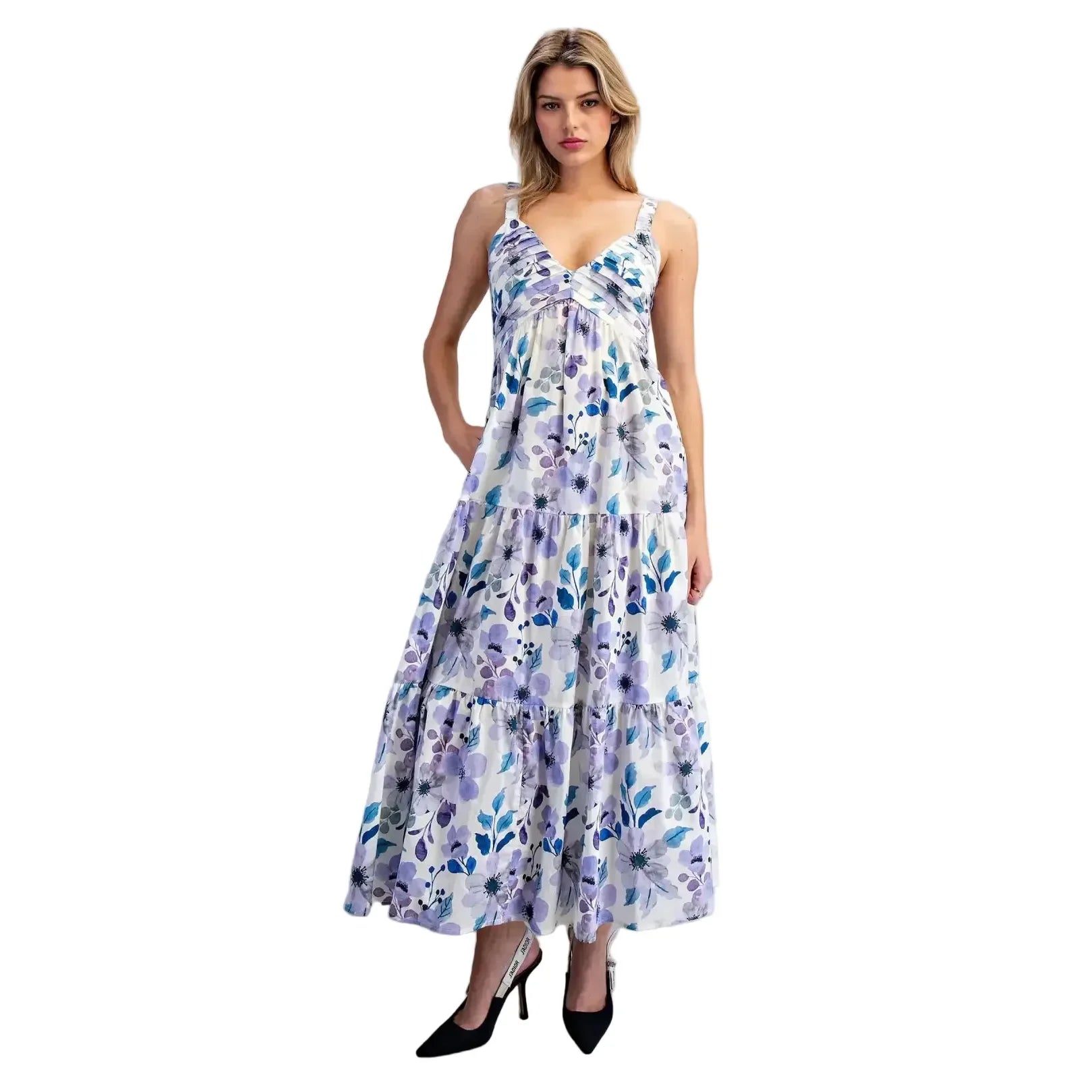Women's Ee:some Lilac Blue Floral Print Pleated Maxi Dress DK14864