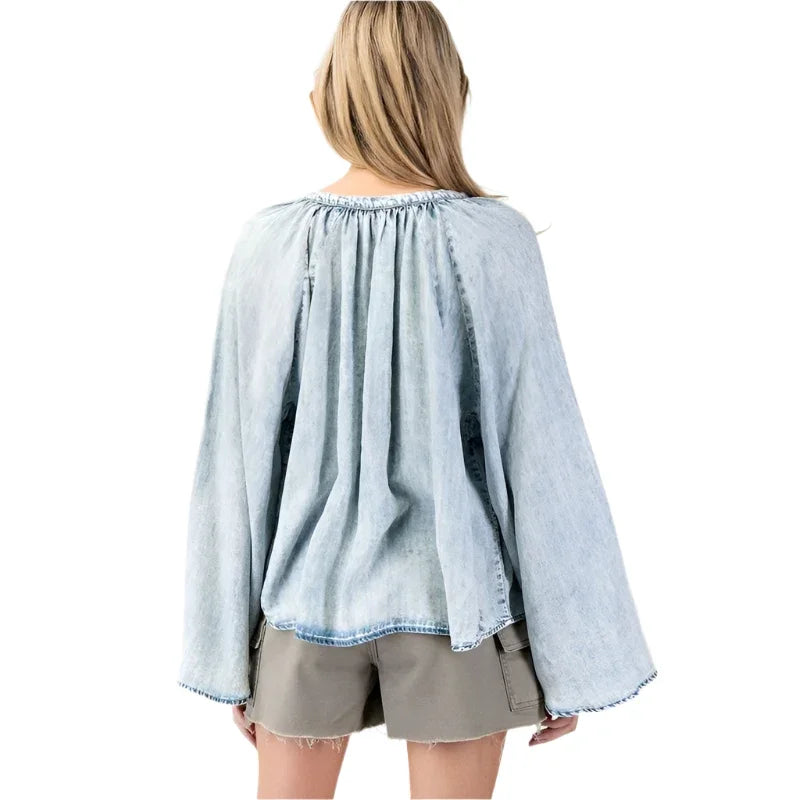 Women's ee:some Mineral Washed Bell Sleeve Denim Top TH12019 - Crazy House Western Wear