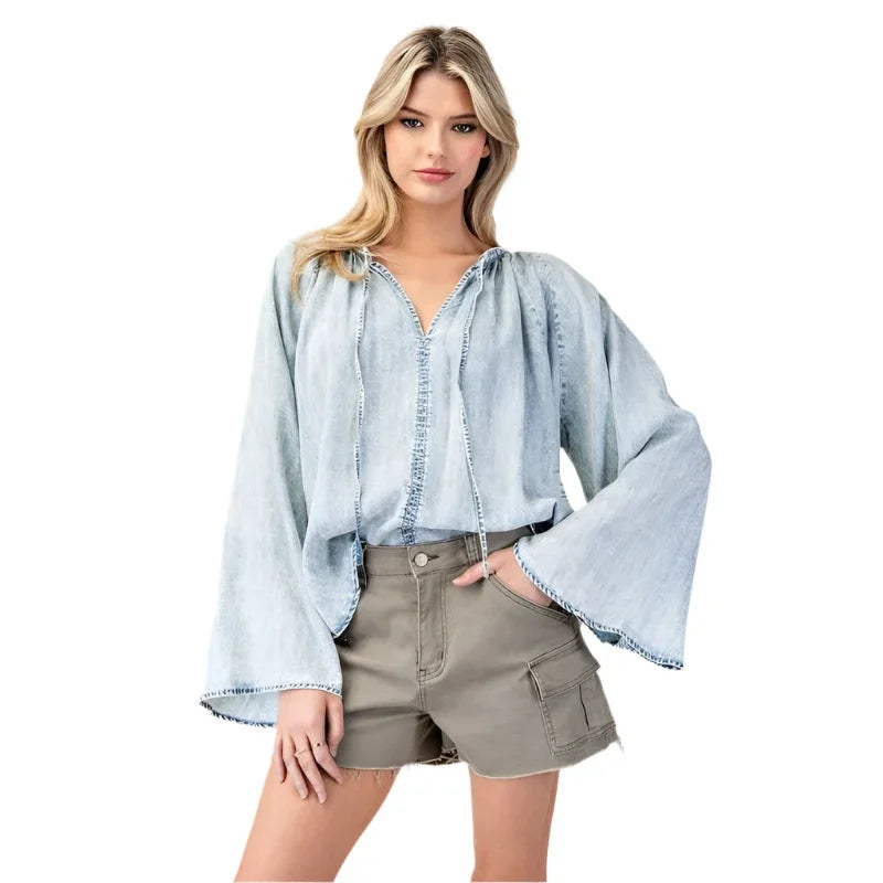 Women's ee:some Mineral Washed Bell Sleeve Denim Top TH12019 - Crazy House Western Wear
