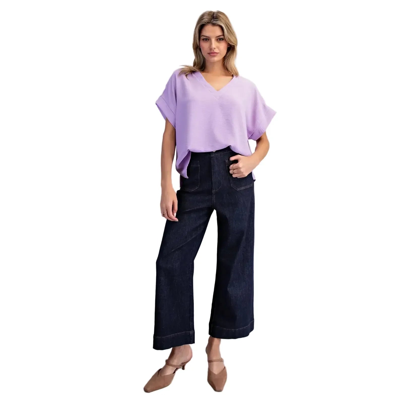 Women's ee:some Solid V-neck Short Sleeve Blouse TK54542