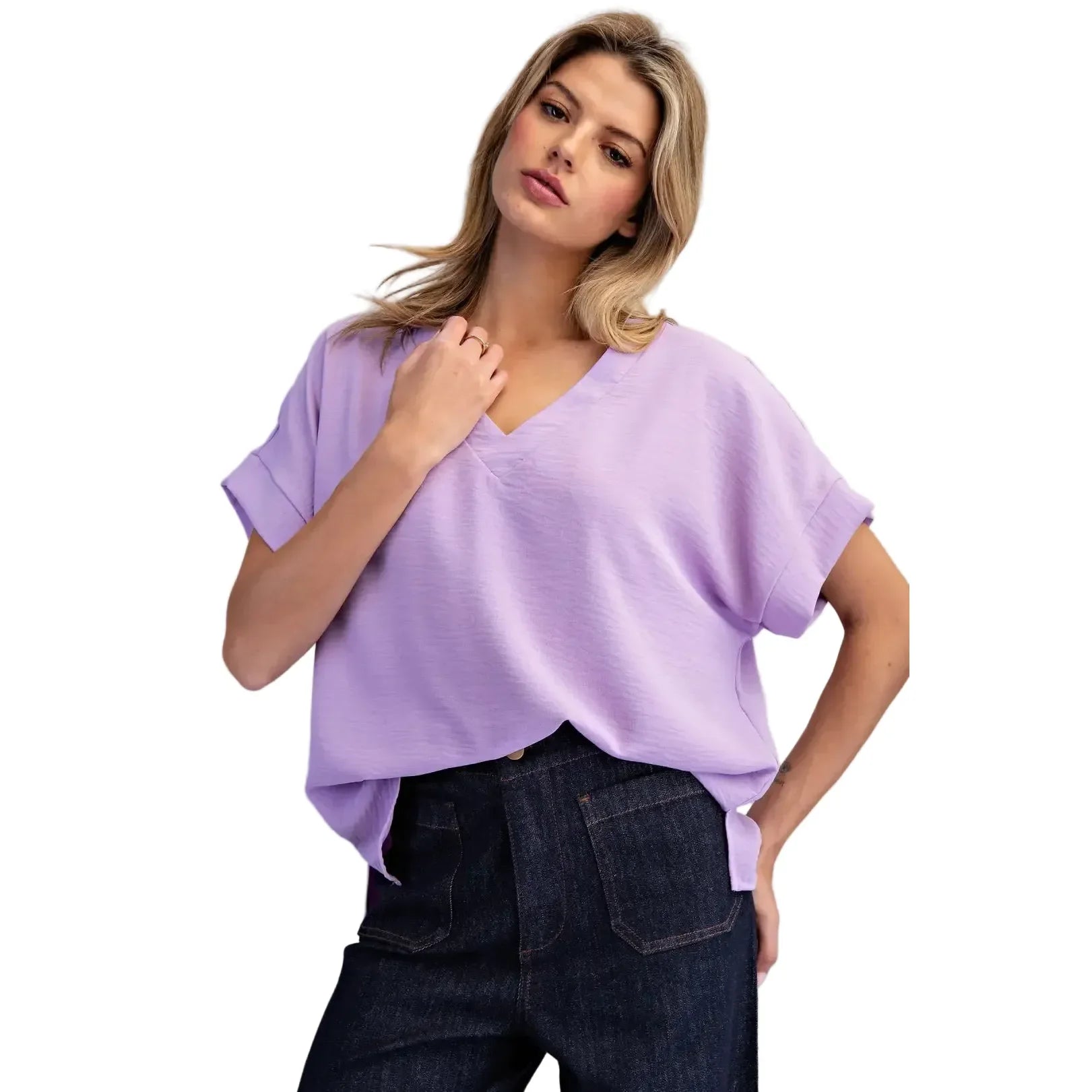 Women's ee:some Solid V-neck Short Sleeve Blouse TK54542