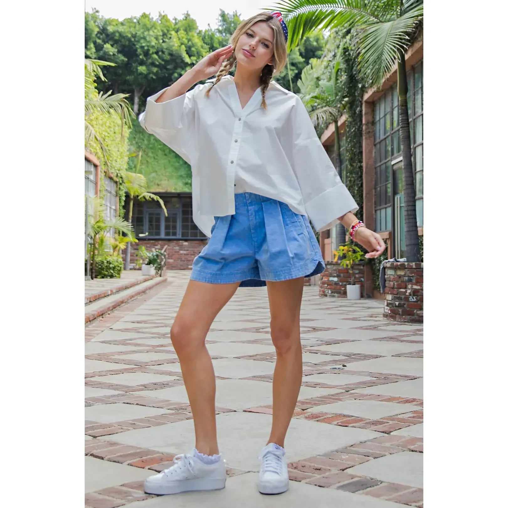 Women's ee:some White Back Pleat Button Down Blouse Top TK13230