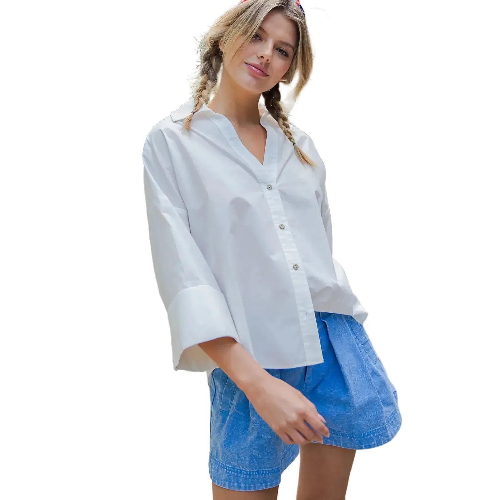 Women's ee:some White Back Pleat Button Down Blouse Top TK13230