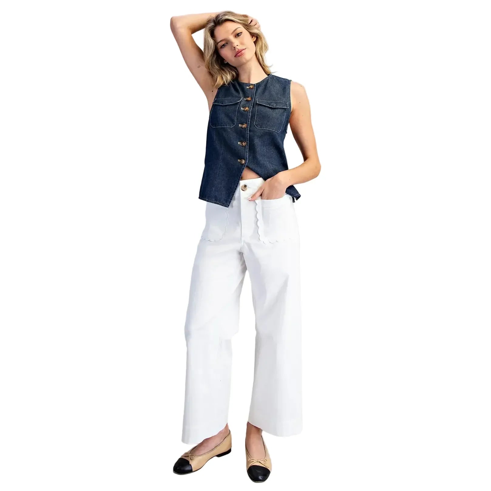 Women's ee:some White Scalloped Pocket Straight Leg Pants PY13269