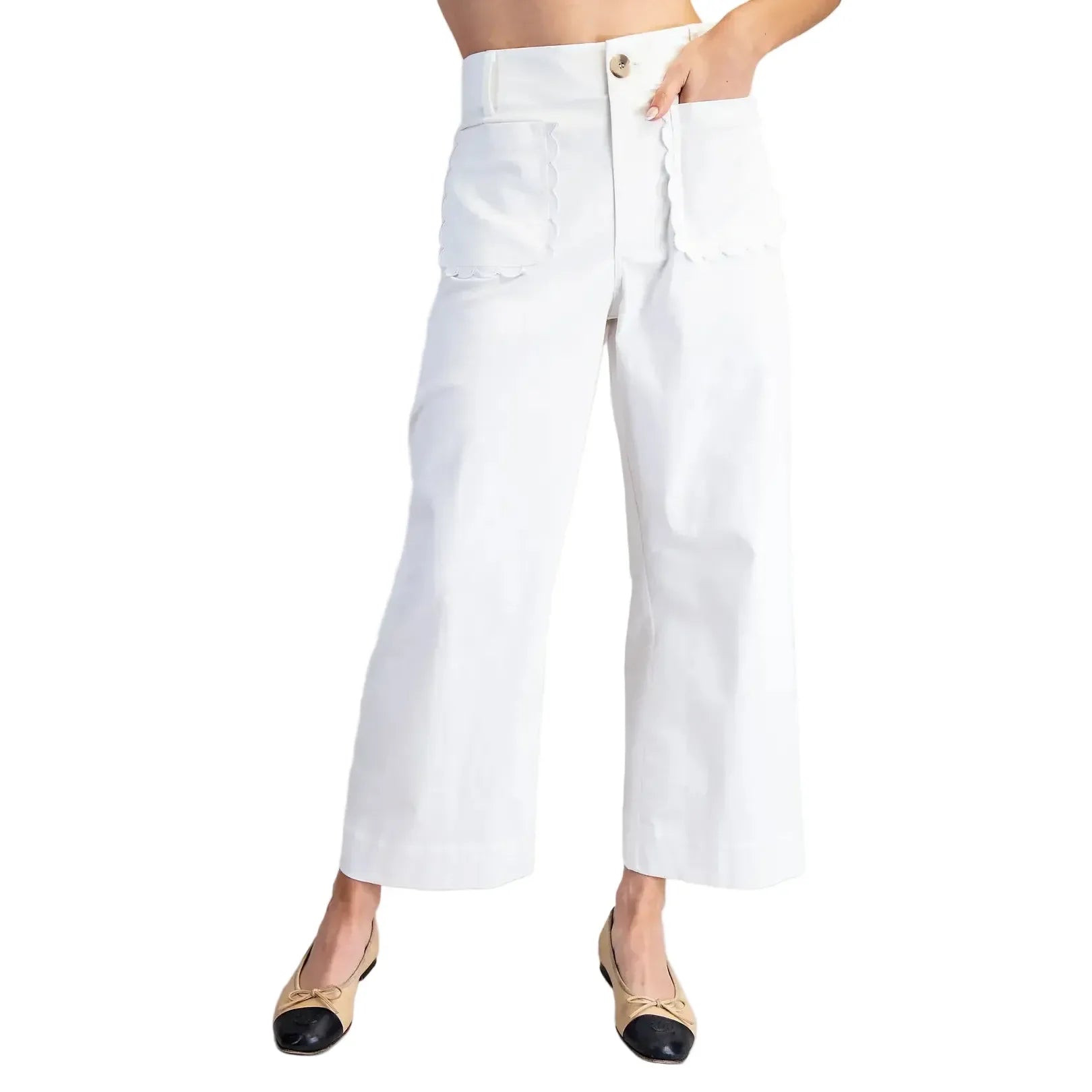 Women's ee:some White Scalloped Pocket Straight Leg Pants PY13269