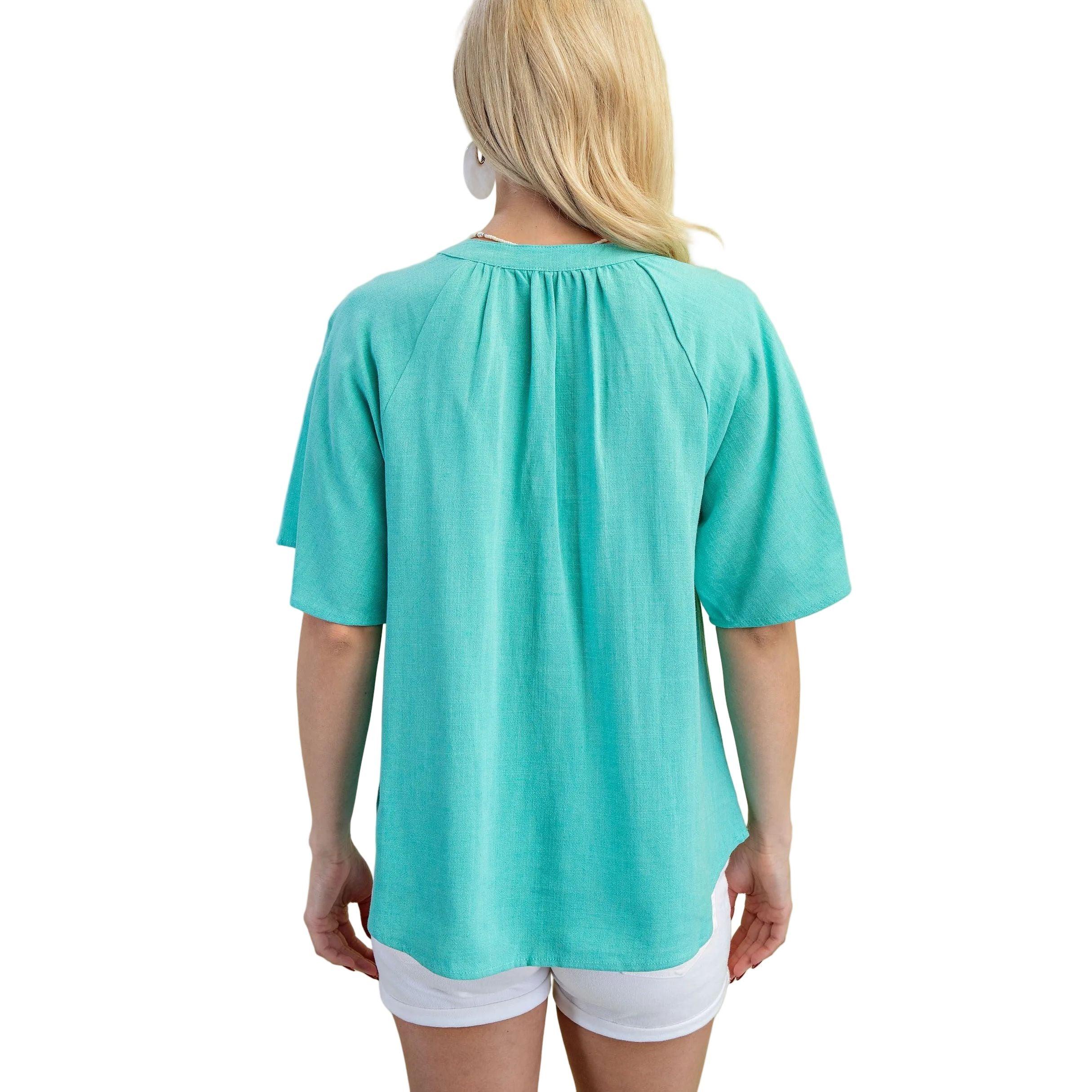 Women's Emerald Washed Linen V-neck Top PE1010