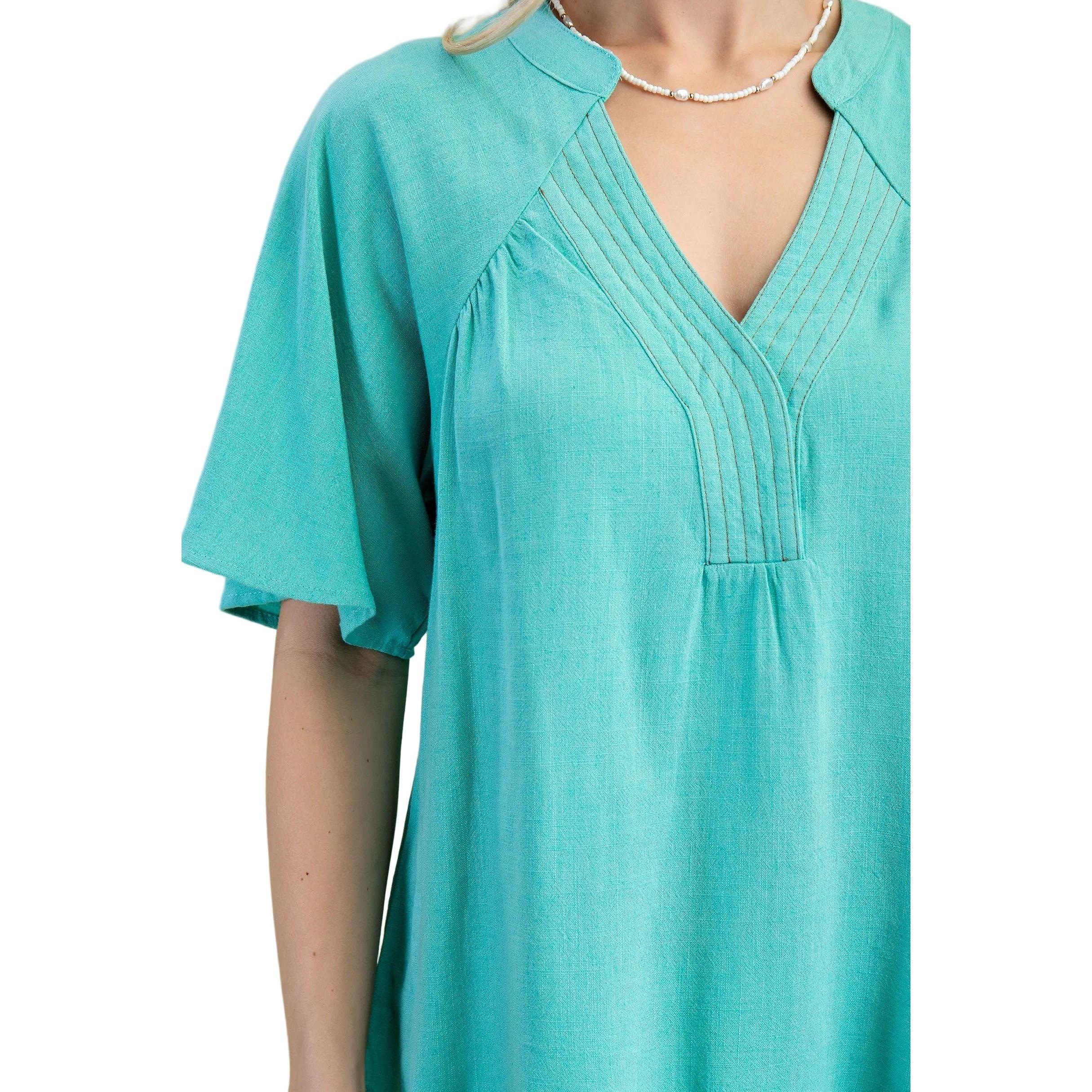 Women's Emerald Washed Linen V-neck Top PE1010