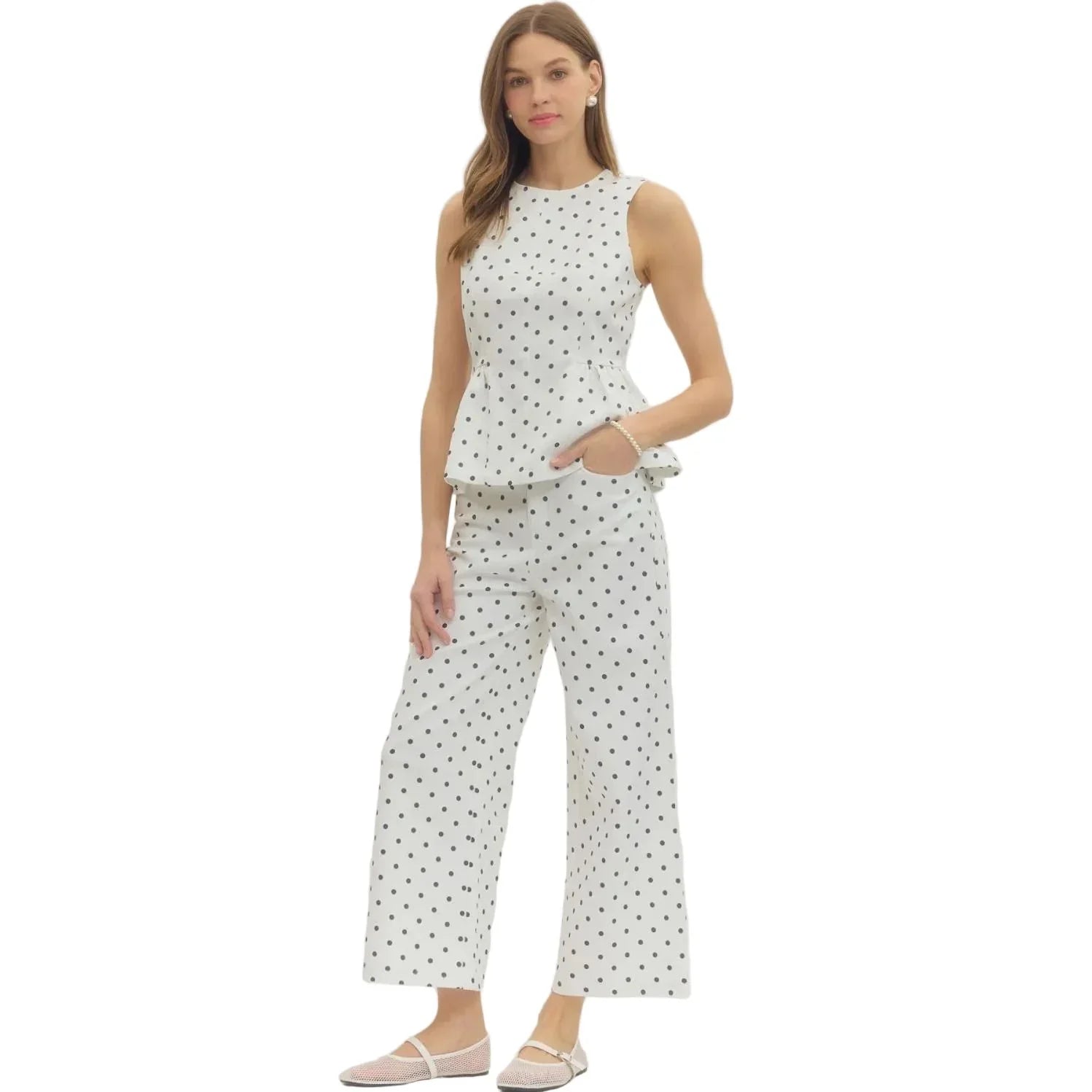 Women's Entro Black and White Polka Dot Cropped Wide Leg Pants P30809