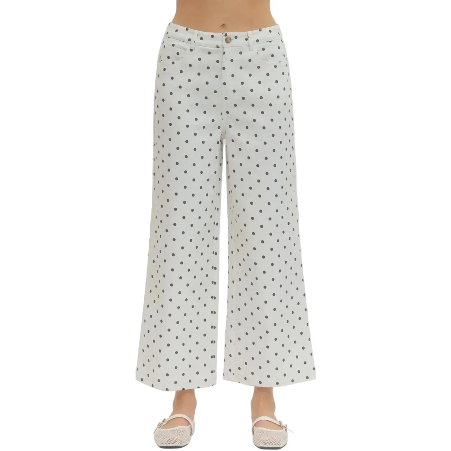 Women's Entro Black and White Polka Dot Cropped Wide Leg Pants P30809