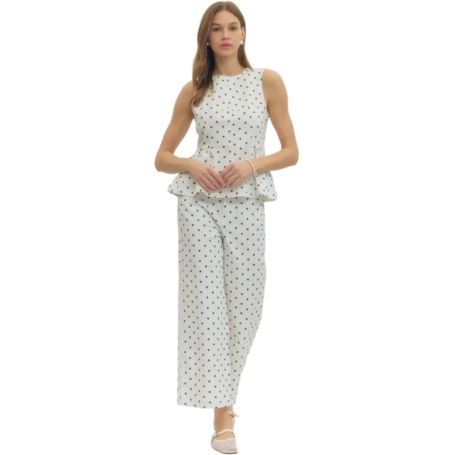 Women's Entro Black and White Polka Dot Sleeveless Top T30810