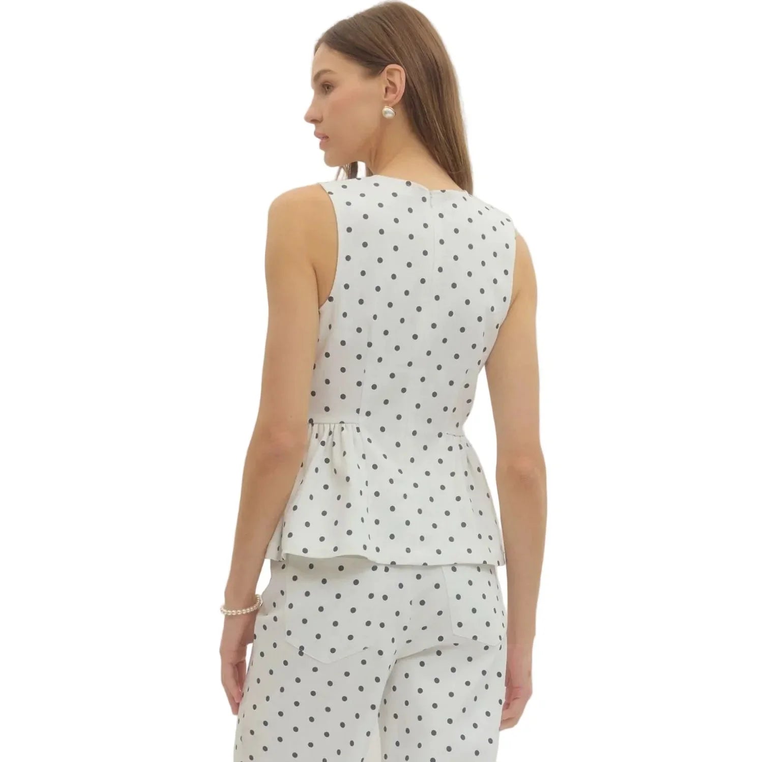 Women's Entro Black and White Polka Dot Sleeveless Top T30810