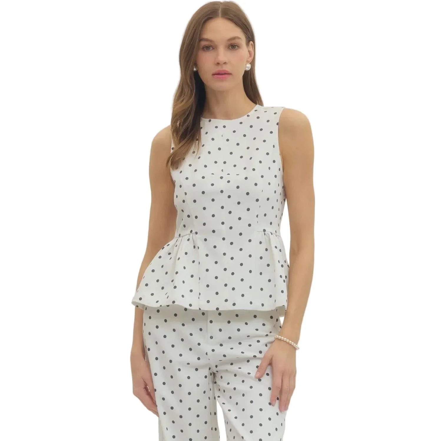 Women's Entro Black and White Polka Dot Sleeveless Top T30810