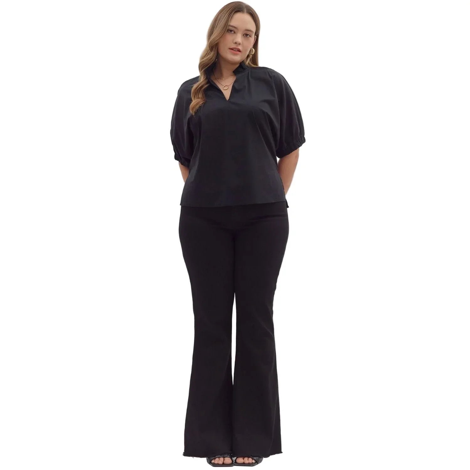 Women's Entro Black Solid Puff Sleeve V-neck Blouse