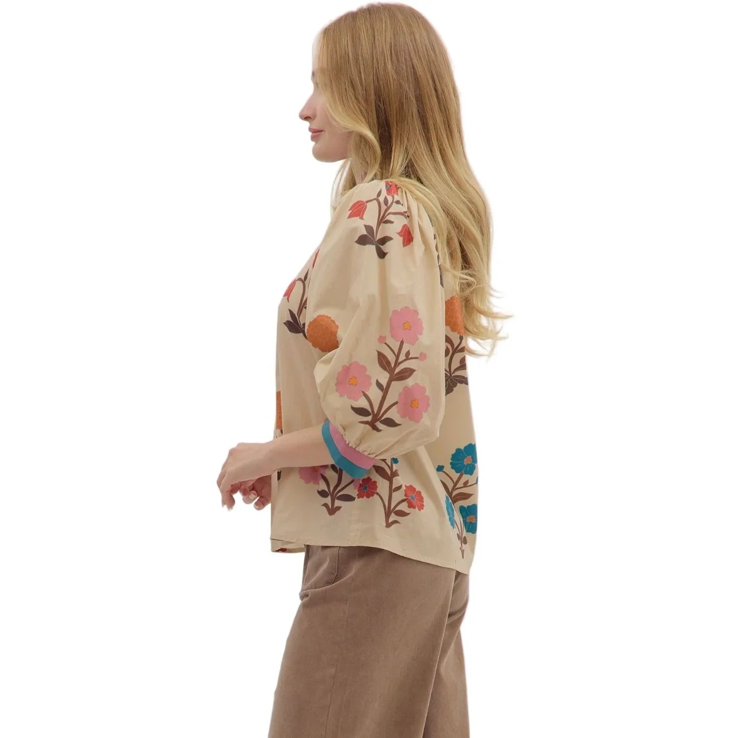 Women's Entro Floral Print 3/4 Puff Sleeve Blouse