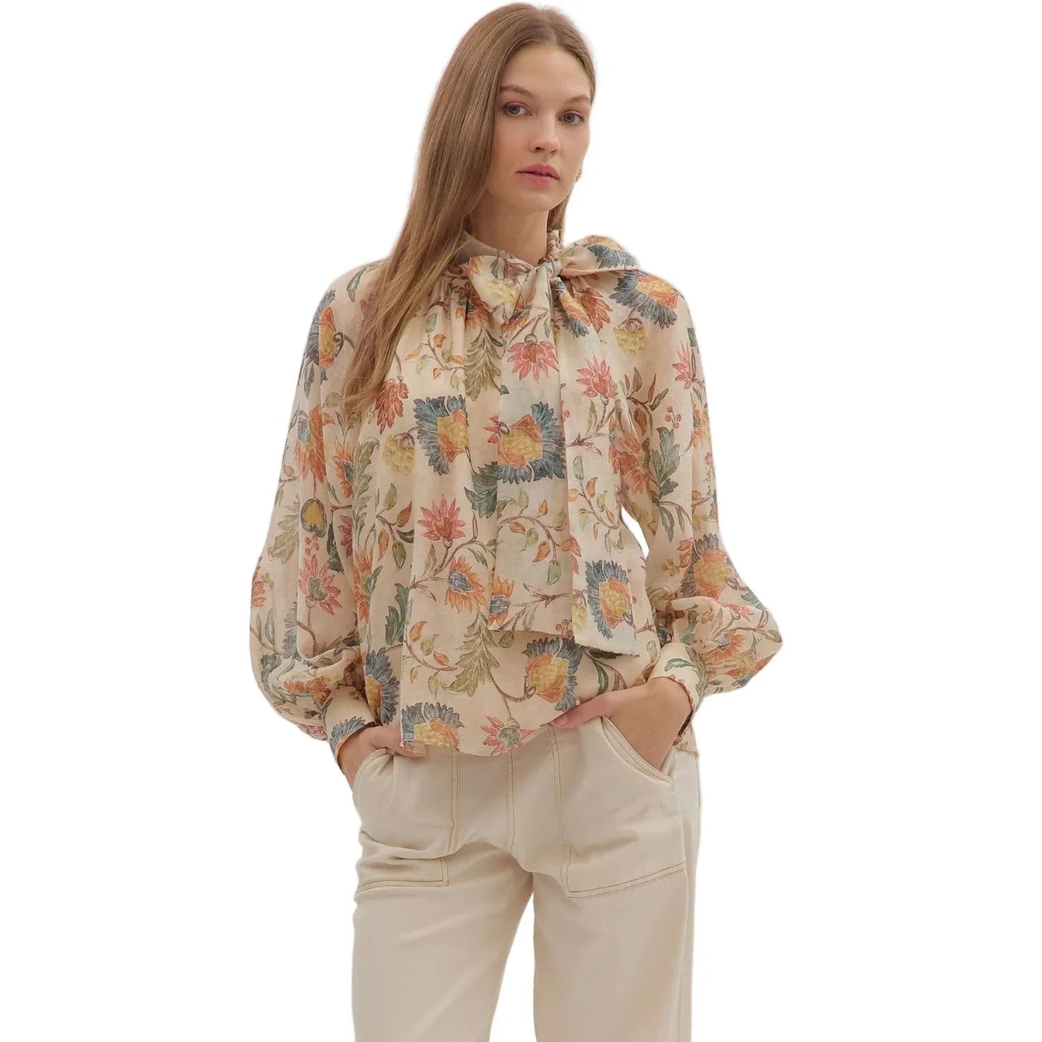 Women's Entro Floral Print Long Sleeve Bow Tie Blouse T29264