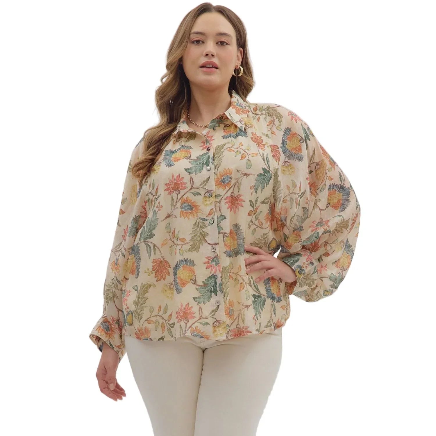 Women's Entro Floral Print Long Sleeve Button Down