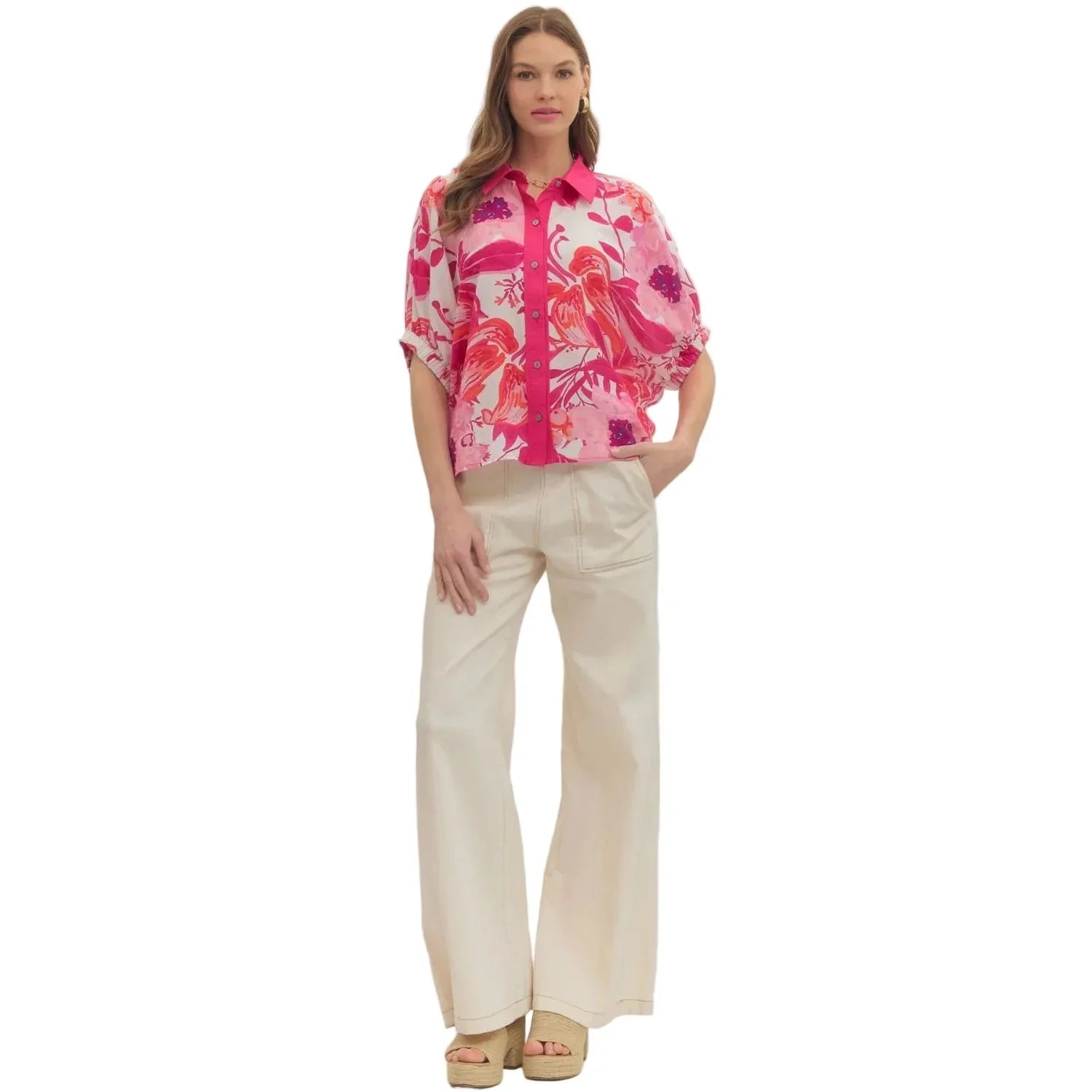 Women's Entro Fuchsia Floral Short Sleeve Button Up Blouse T30783