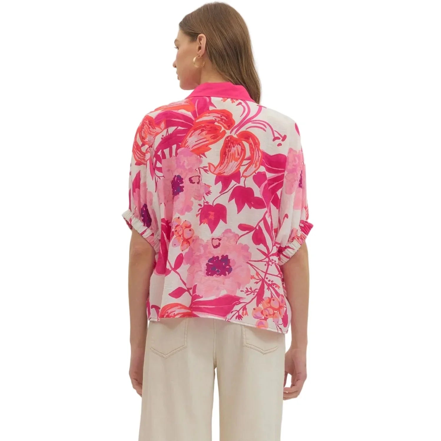 Women's Entro Fuchsia Floral Short Sleeve Button Up Blouse T30783