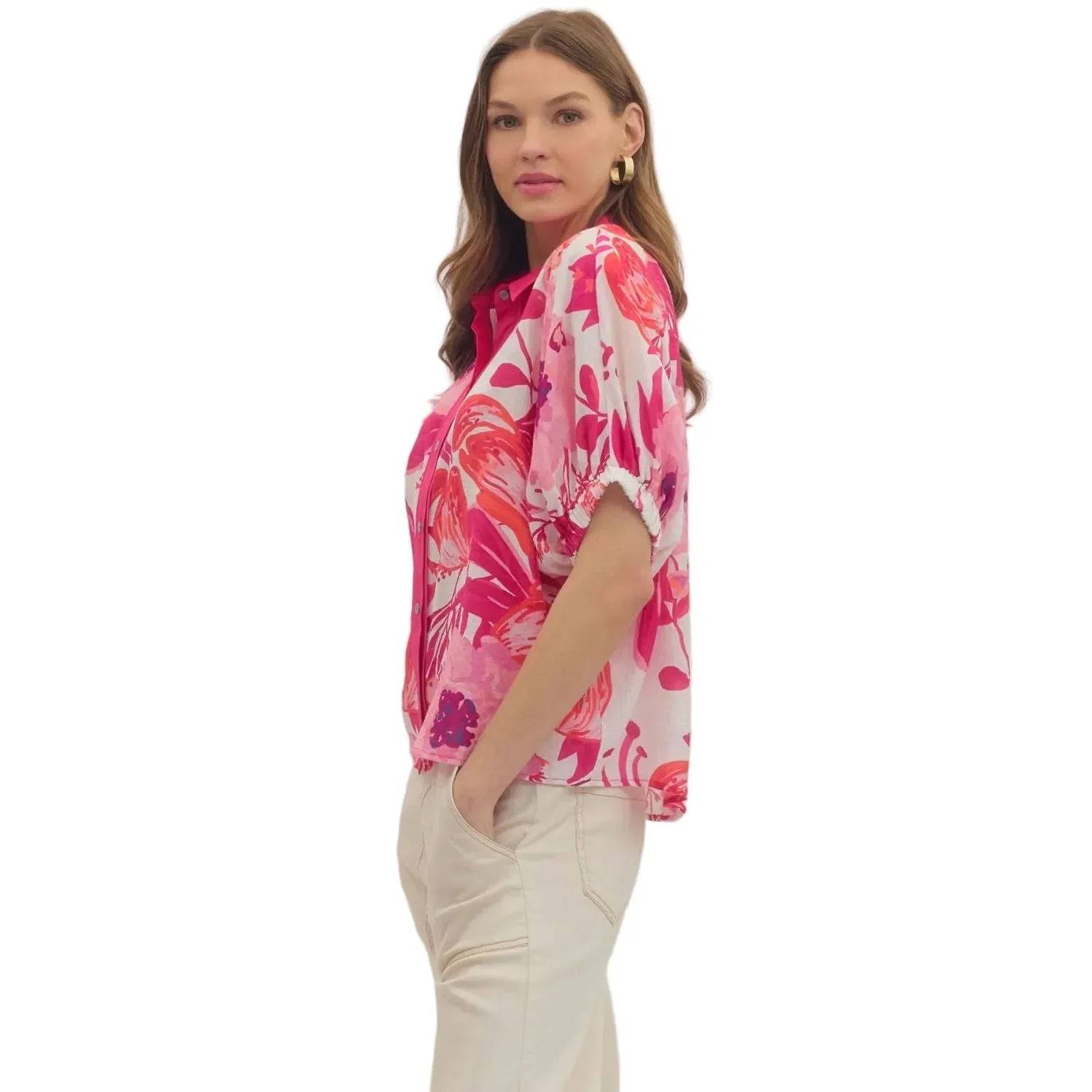 Women's Entro Fuchsia Floral Short Sleeve Button Up Blouse T30783