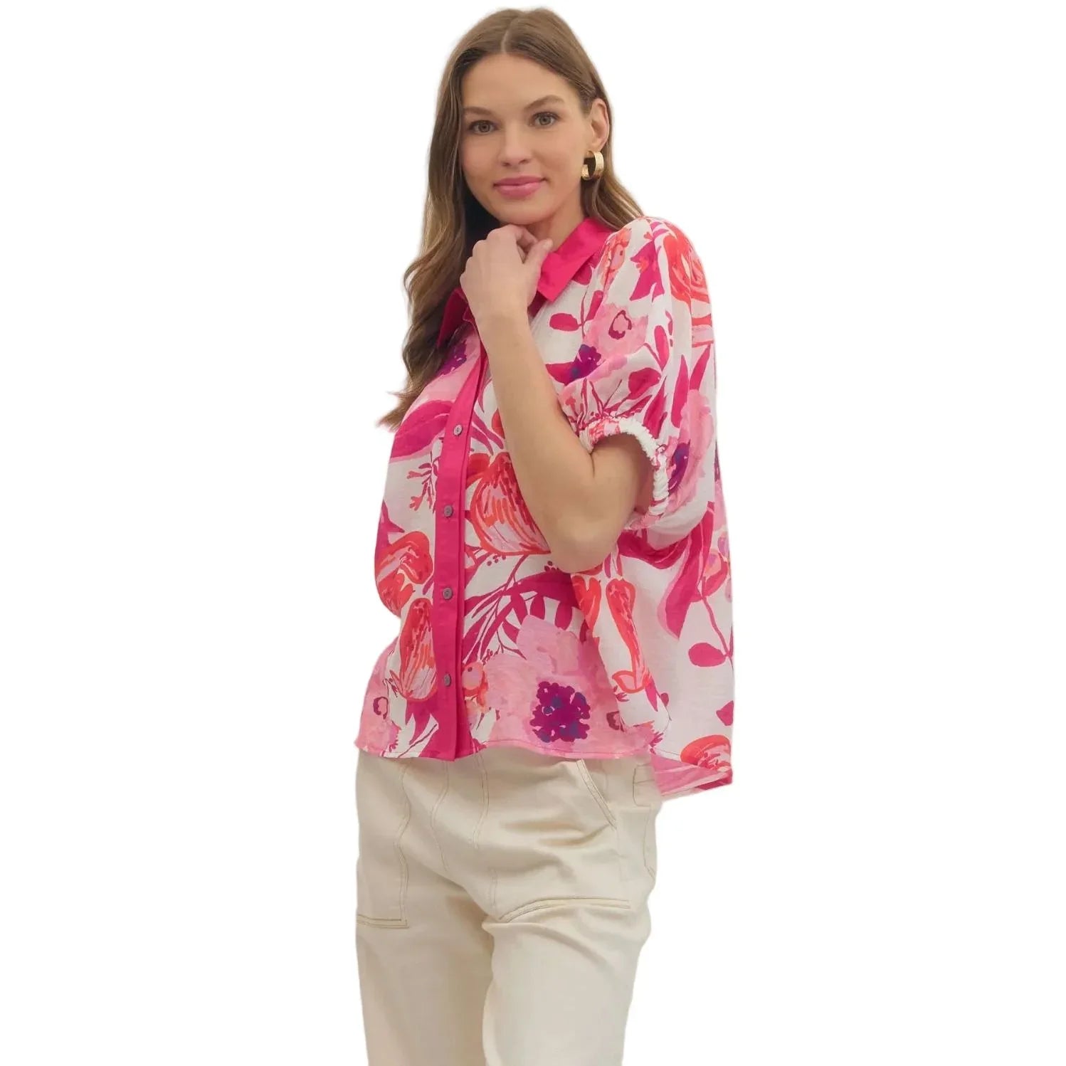 Women's Entro Fuchsia Floral Short Sleeve Button Up Blouse T30783