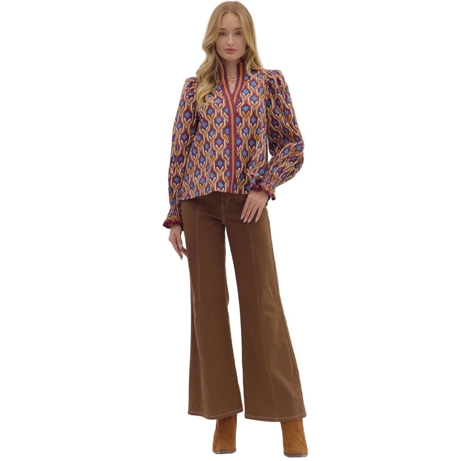 Women's Entro Geometric Print Long Sleeve Blouse
