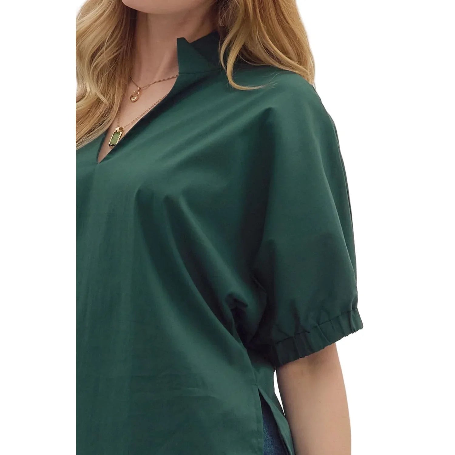 Women's Entro Hunter Green Puff Sleeve V-neck Top