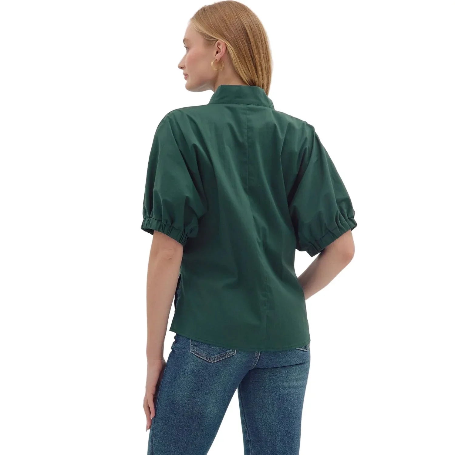 Women's Entro Hunter Green Puff Sleeve V-neck Top
