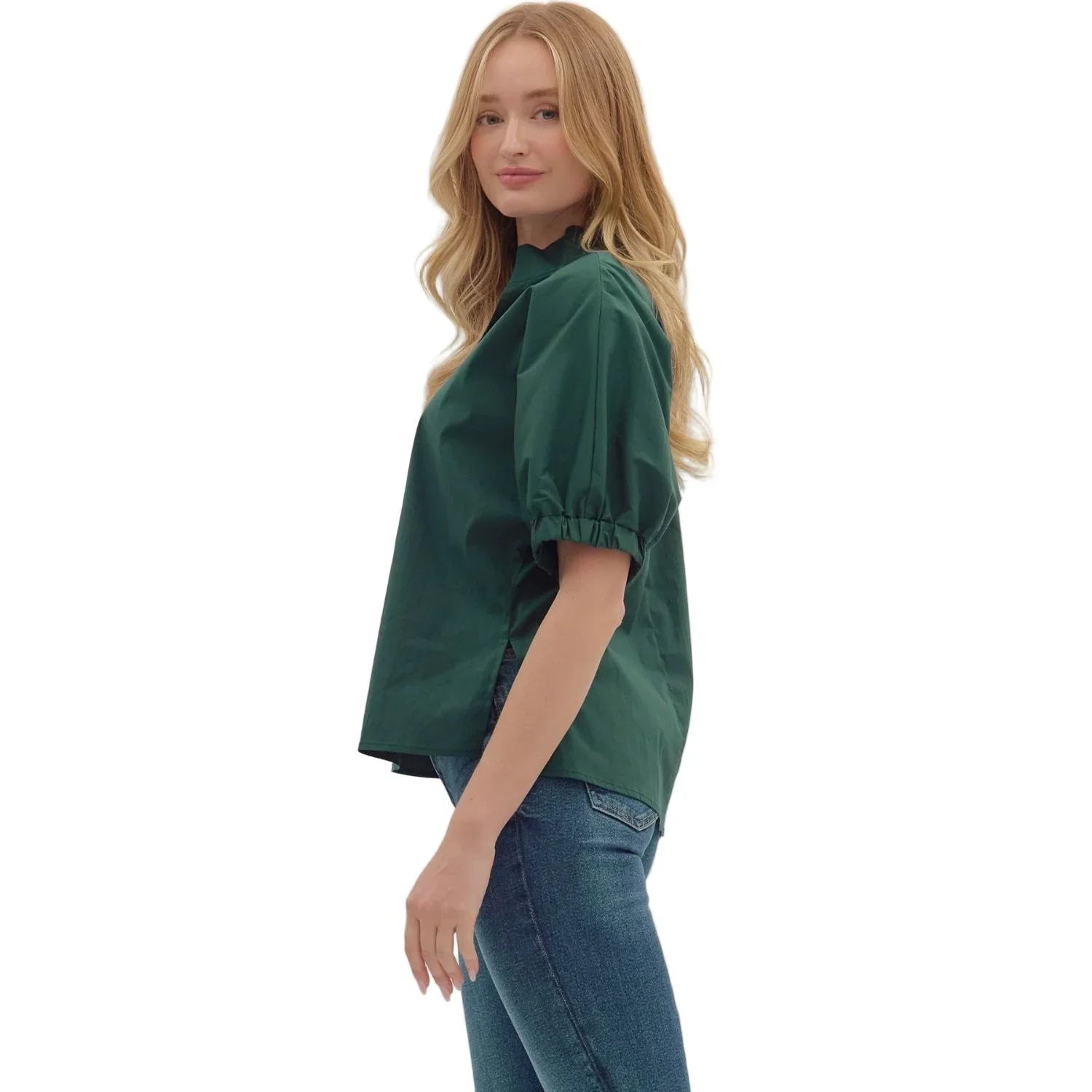 Women's Entro Hunter Green Puff Sleeve V-neck Top
