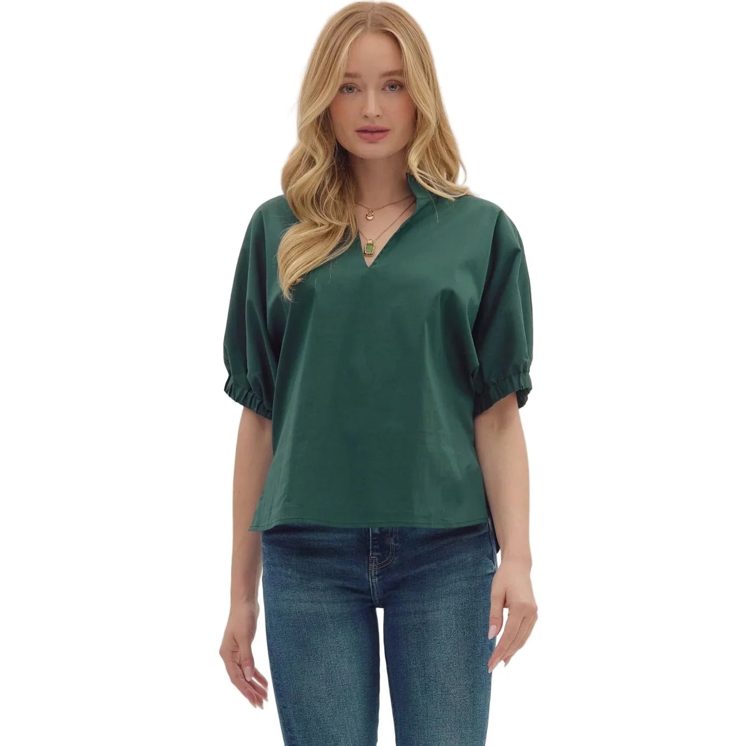 Women's Entro Hunter Green Puff Sleeve V-neck Top