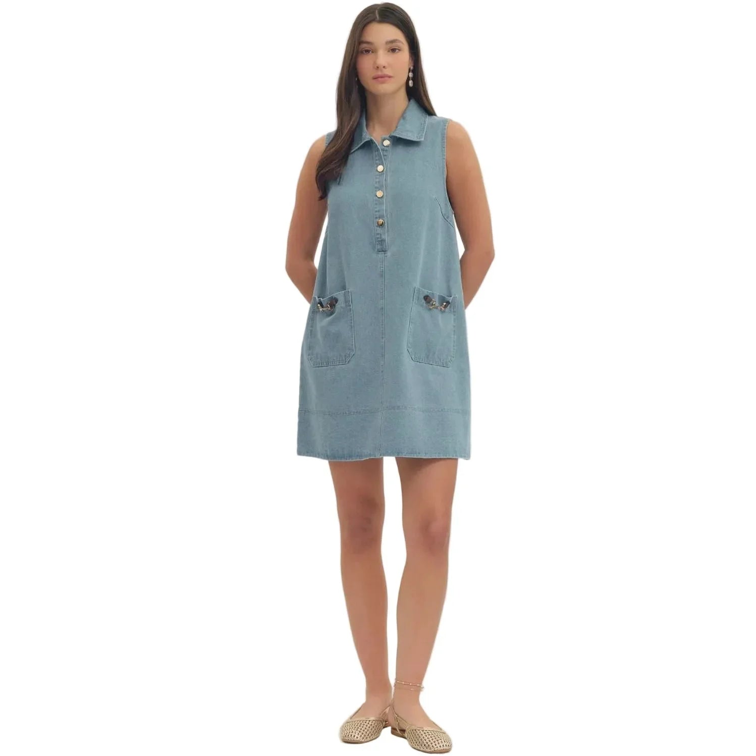 Women's Entro Light Blue Denim Sleeveless Mini Dress D31109