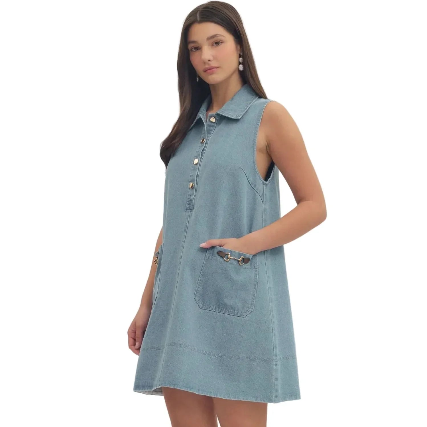 Women's Entro Light Blue Denim Sleeveless Mini Dress D31109