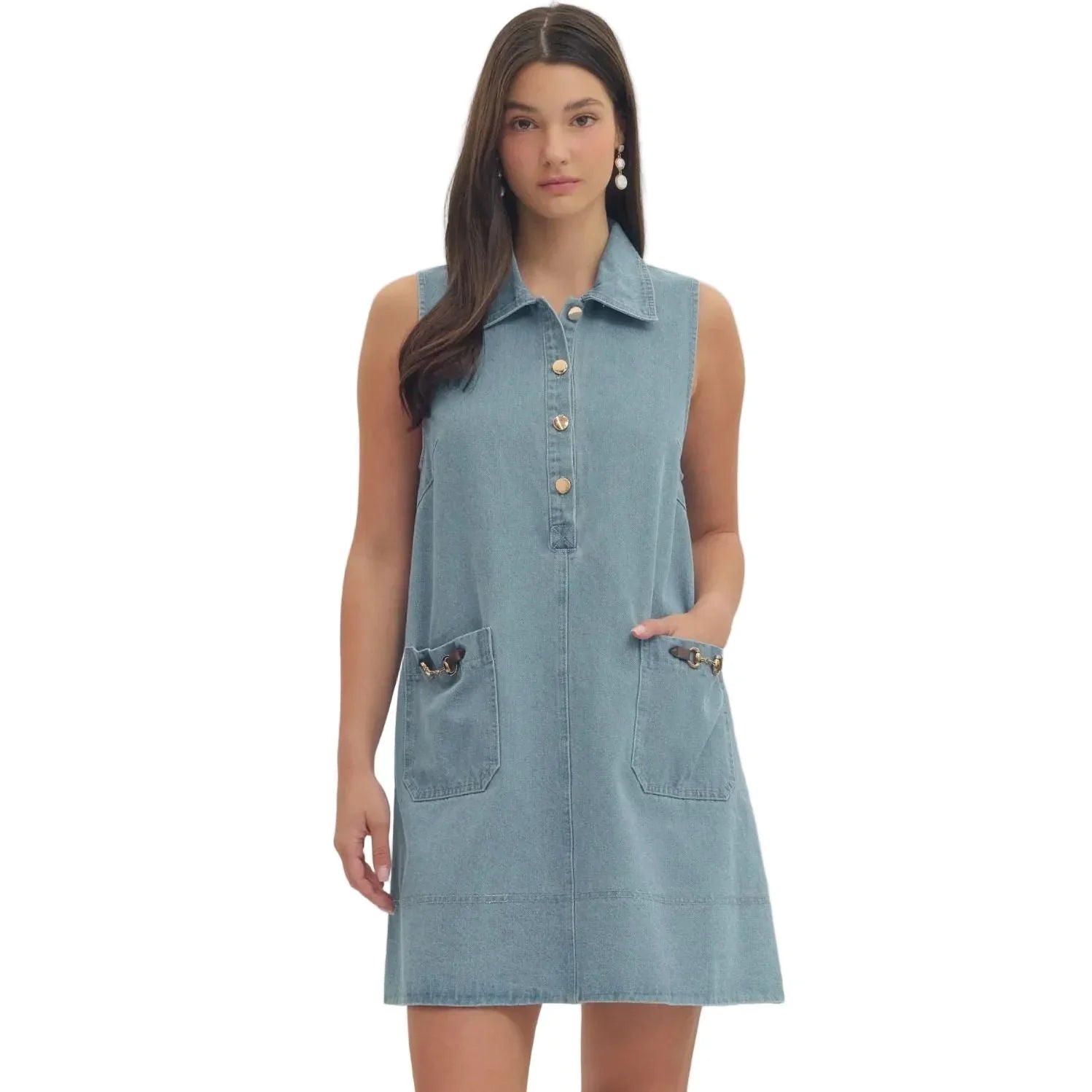 Women's Entro Light Blue Denim Sleeveless Mini Dress D31109