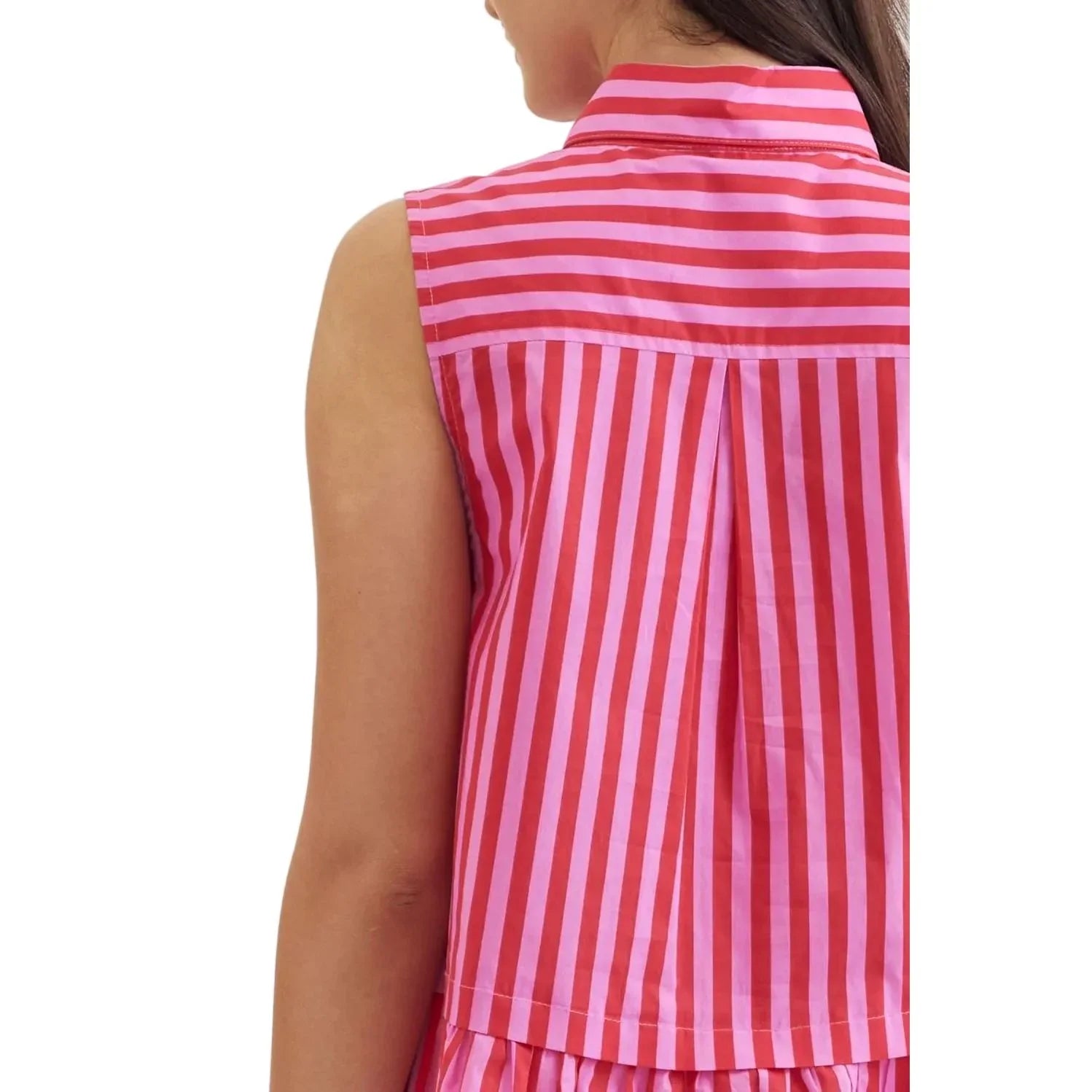 Women's Entro Pink and Red Striped Sleeveless Button Up Top T30620