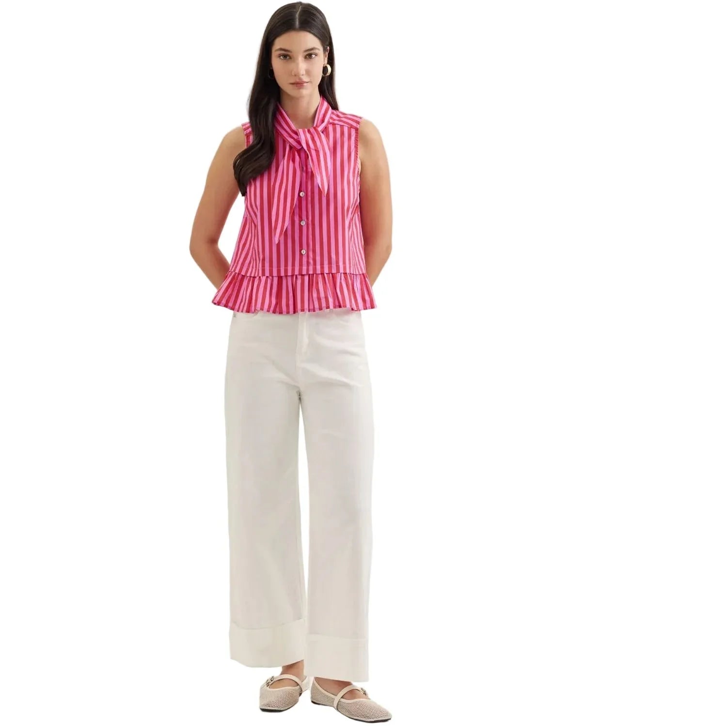 Women's Entro Pink and Red Striped Sleeveless Button Up Top T30620