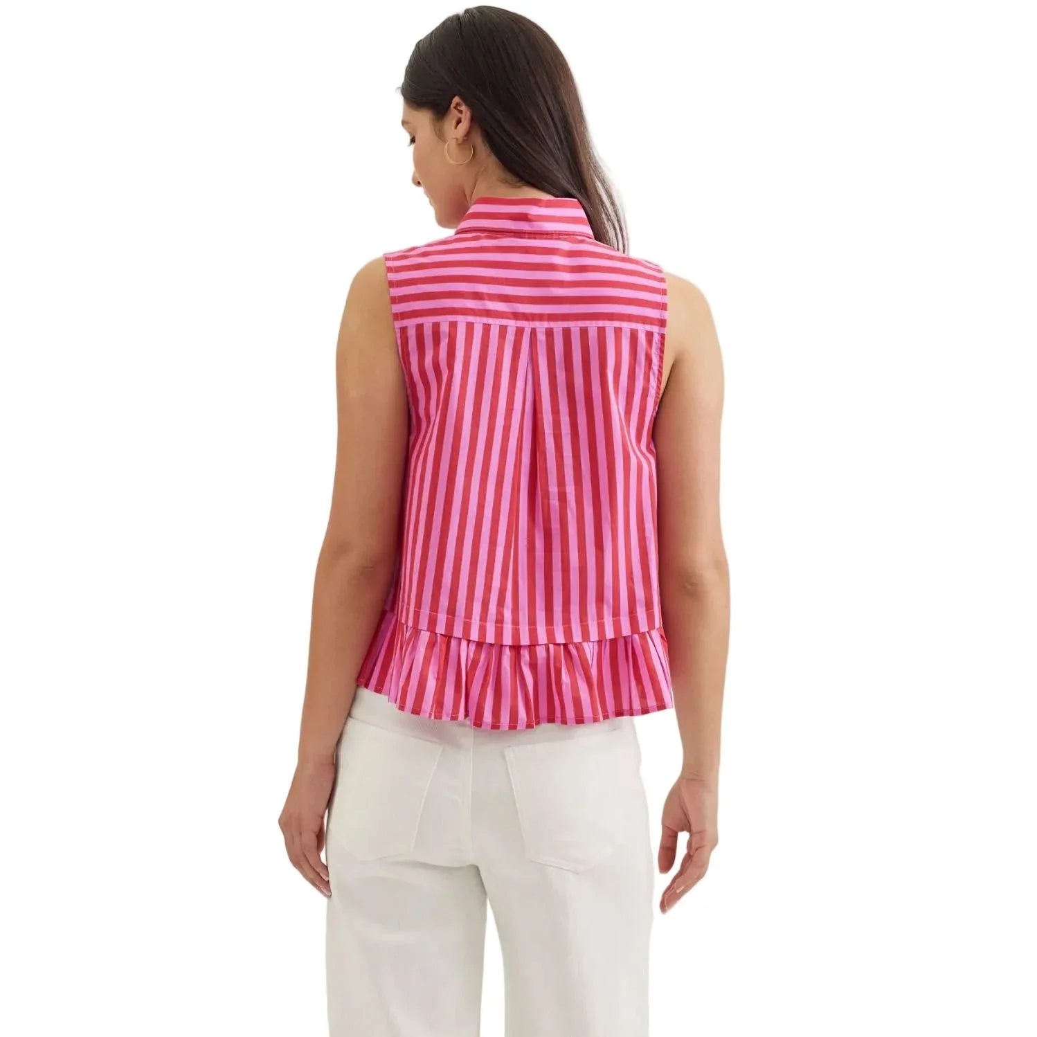 Women's Entro Pink and Red Striped Sleeveless Button Up Top T30620