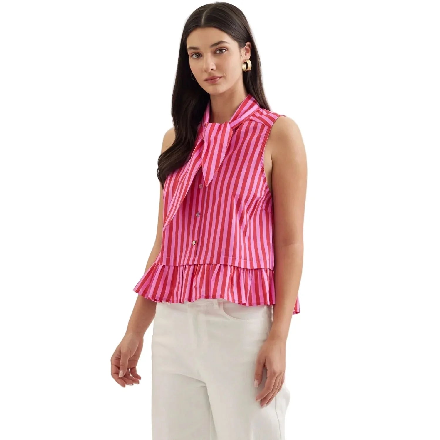 Women's Entro Pink and Red Striped Sleeveless Button Up Top T30620