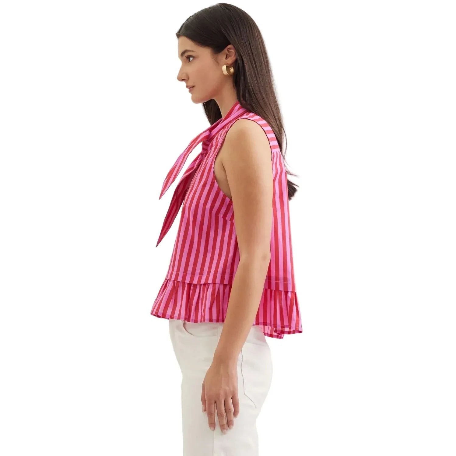 Women's Entro Pink and Red Striped Sleeveless Button Up Top T30620