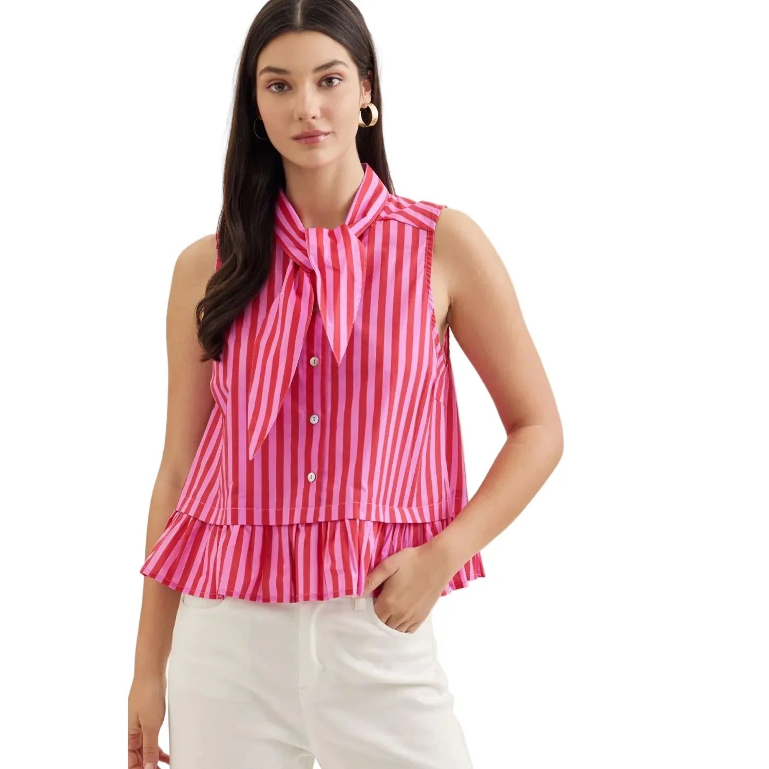 Women's Entro Pink and Red Striped Sleeveless Button Up Top T30620
