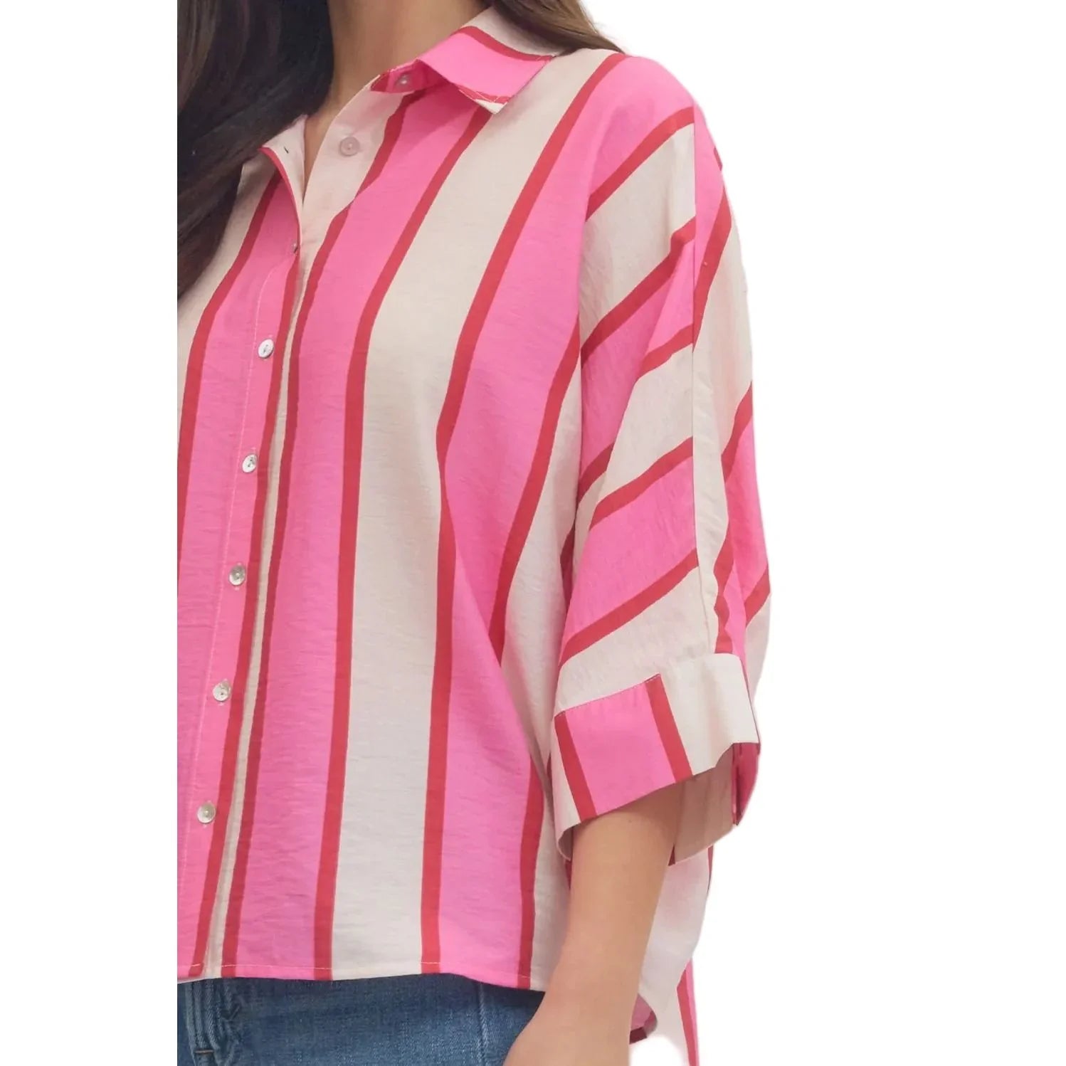 Women's Entro Pink and White Striped Button up 3/4 Sleeves Top T30989