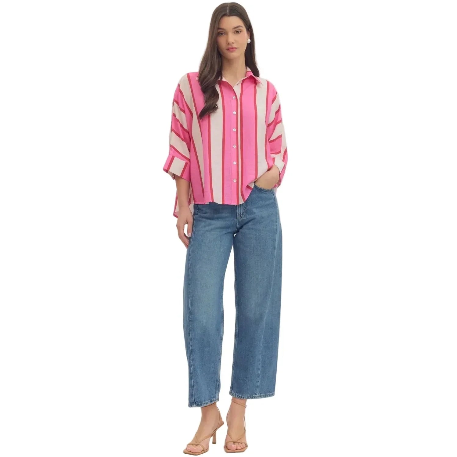 Women's Entro Pink and White Striped Button up 3/4 Sleeves Top T30989