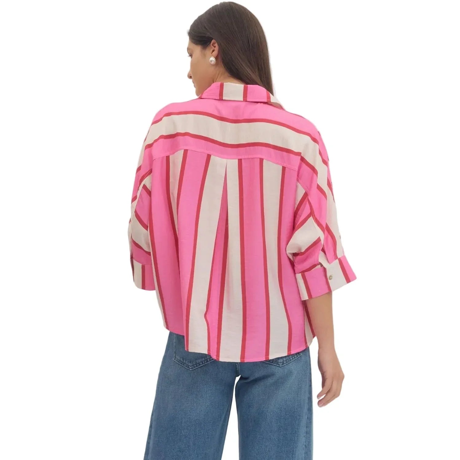 Women's Entro Pink and White Striped Button up 3/4 Sleeves Top T30989