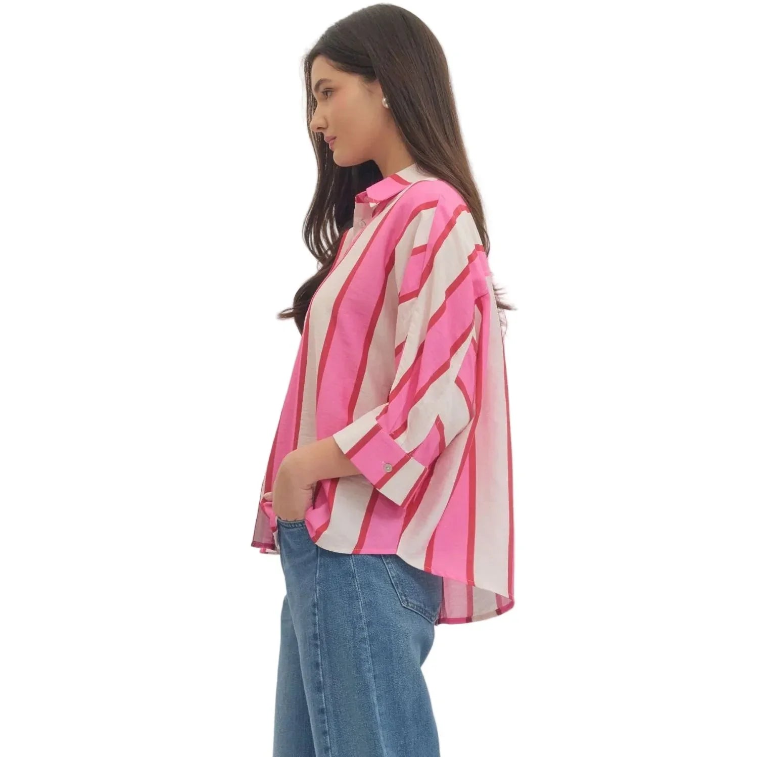 Women's Entro Pink and White Striped Button up 3/4 Sleeves Top T30989