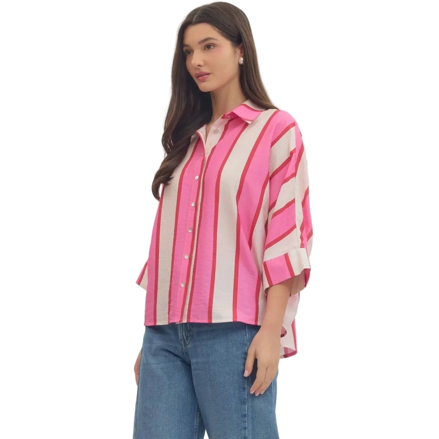 Women's Entro Pink and White Striped Button up 3/4 Sleeves Top T30989